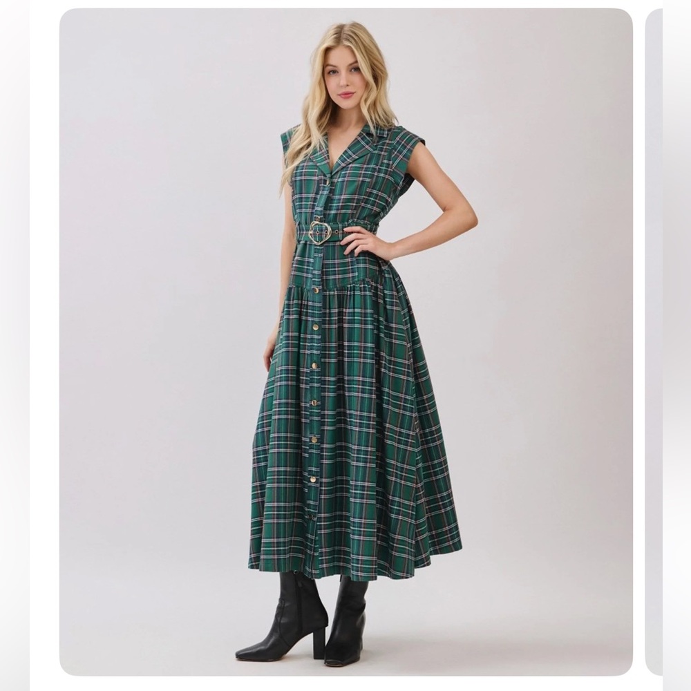 Green Plaid Button Down Midi Dress